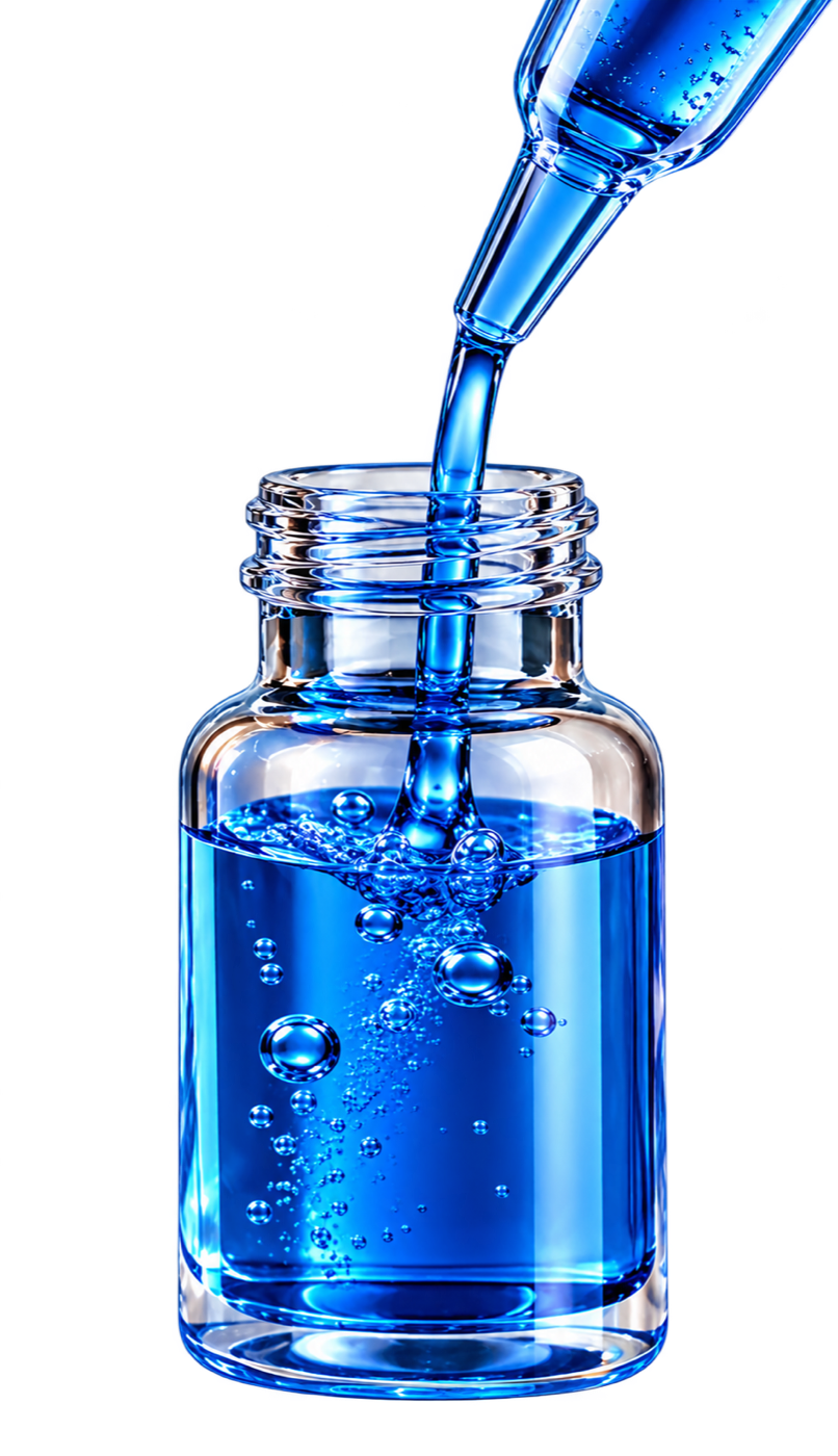 Blue serum poured into a glass bottle
